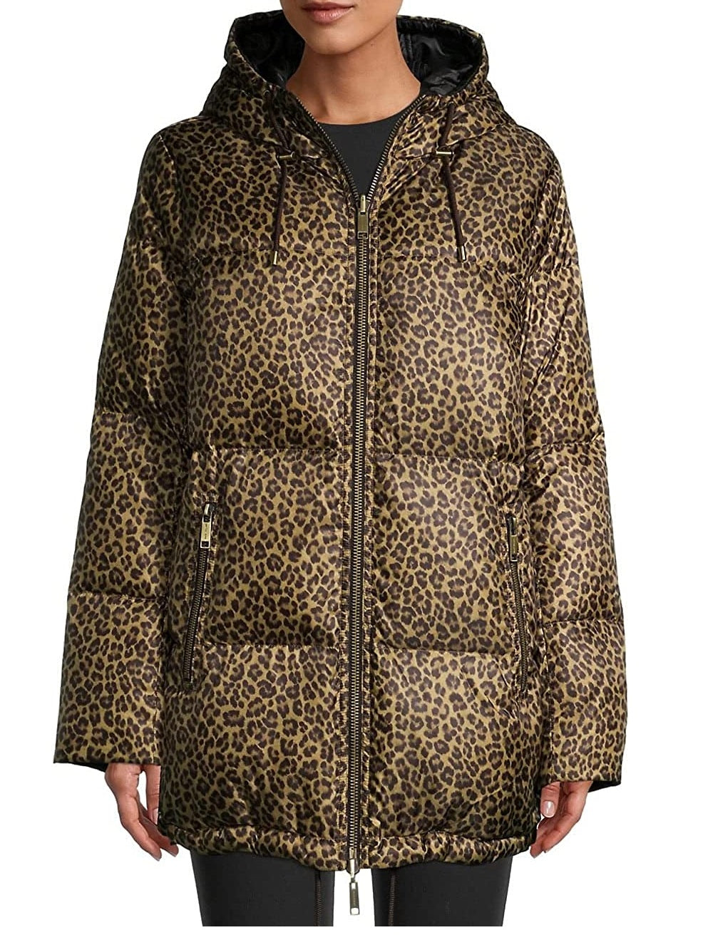 Michael Kors Women's Leopard Print Packable Hooded Down Puffer Coat Brown Size M