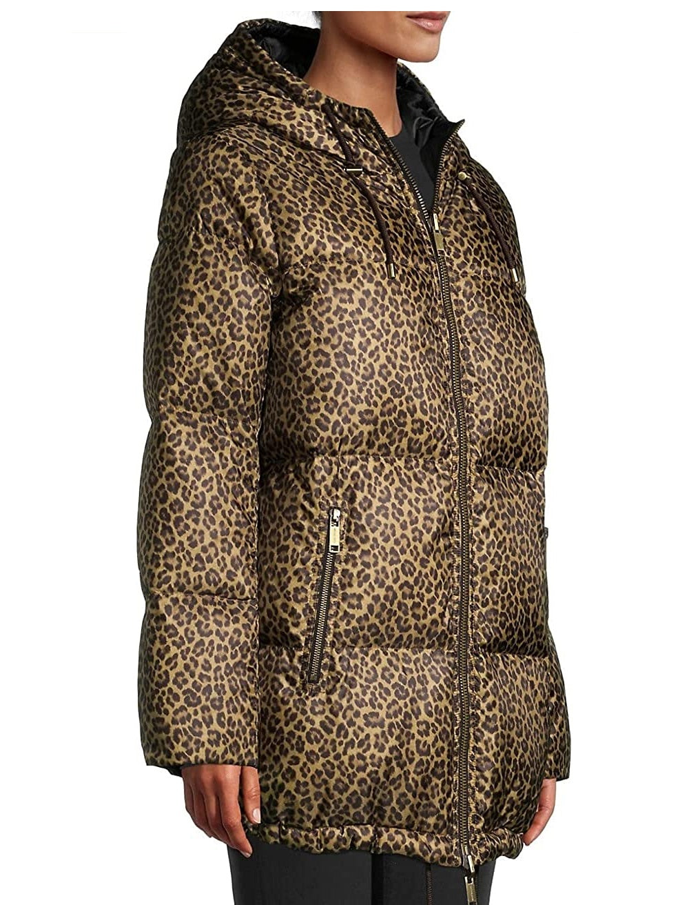 Michael Kors Women's Leopard Print Packable Hooded Down Puffer Coat Brown Size M