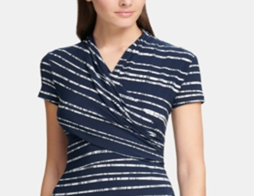 DKNY Women's Ruched Front Striped Short Sleeve Jewel Neck Top Blue Size Medium