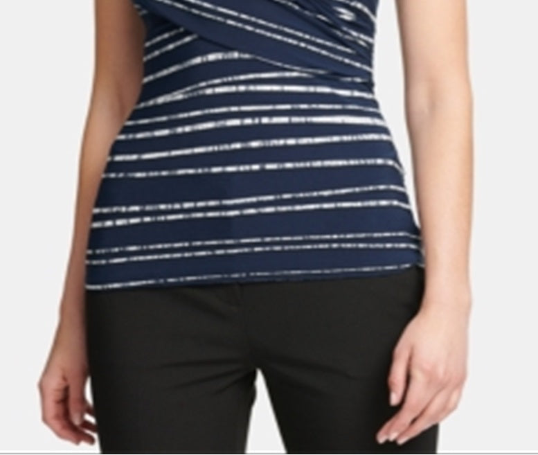 DKNY Women's Ruched Front Striped Short Sleeve Jewel Neck Top Blue Size Medium