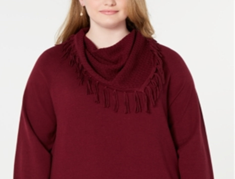 Style & Co Women's Fringed Cowl Neck Sweater Red Size 2X