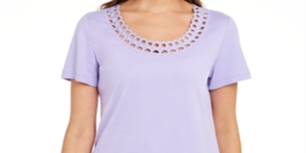Karen Scott Cotton Scalloped-Neck T-Shirt Purple Size XS
