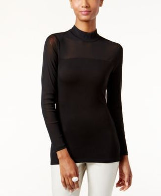 INC International Concepts Women's Mock Turtleneck Mesh Inset Fitted Top Black Size Large