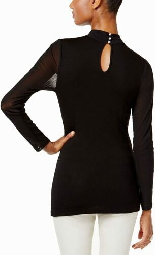 INC International Concepts Women's Mock Turtleneck Mesh Inset Fitted Top Black Size Large