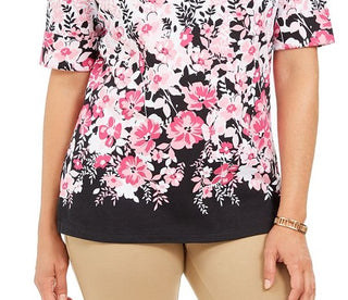 Karen Scott Women's Floral Print Boat Neck Top Black Size Petite
