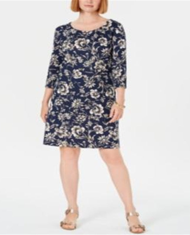 Karen Scott Women's Sport Printed 3/4 Sleeve Shift Dress Blue Size Small