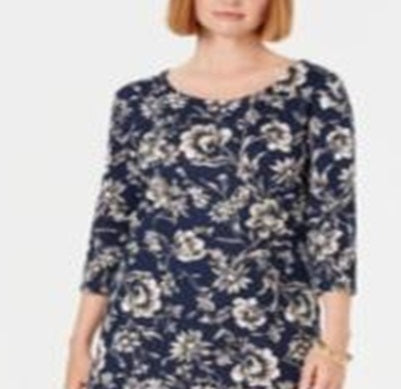 Karen Scott Women's Sport Printed 3/4 Sleeve Shift Dress Blue Size Small