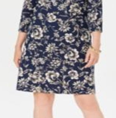 Karen Scott Women's Sport Printed 3/4 Sleeve Shift Dress Blue Size Small