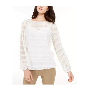 Alfani Women's Petite Sheer-Stripe Balloon-Sleeve Top  White Size Petite S