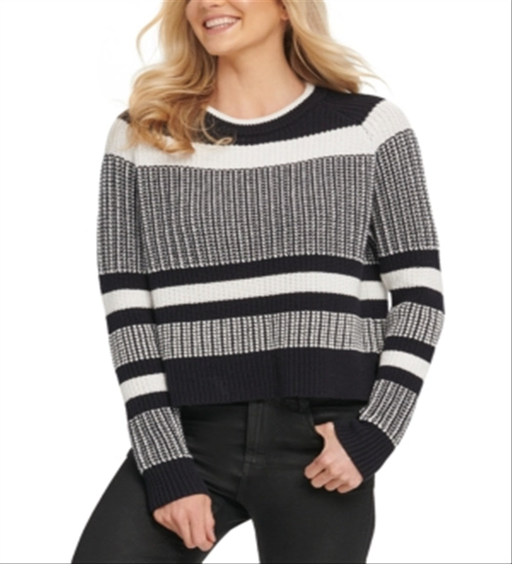 DKNY Women's Cotton Striped Vented-Hem Sweater Gray Size Small