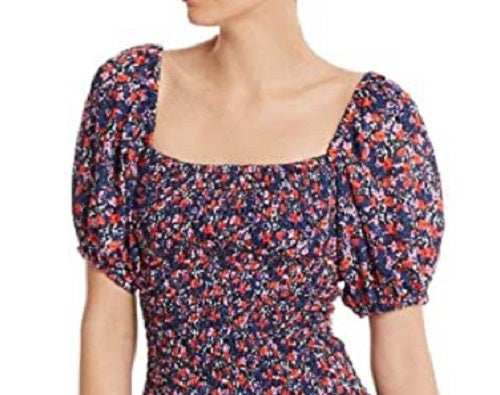 Parker Women's Floral Short Sleeve Square Neck Mini Fit Flare Dress Blue Size Large