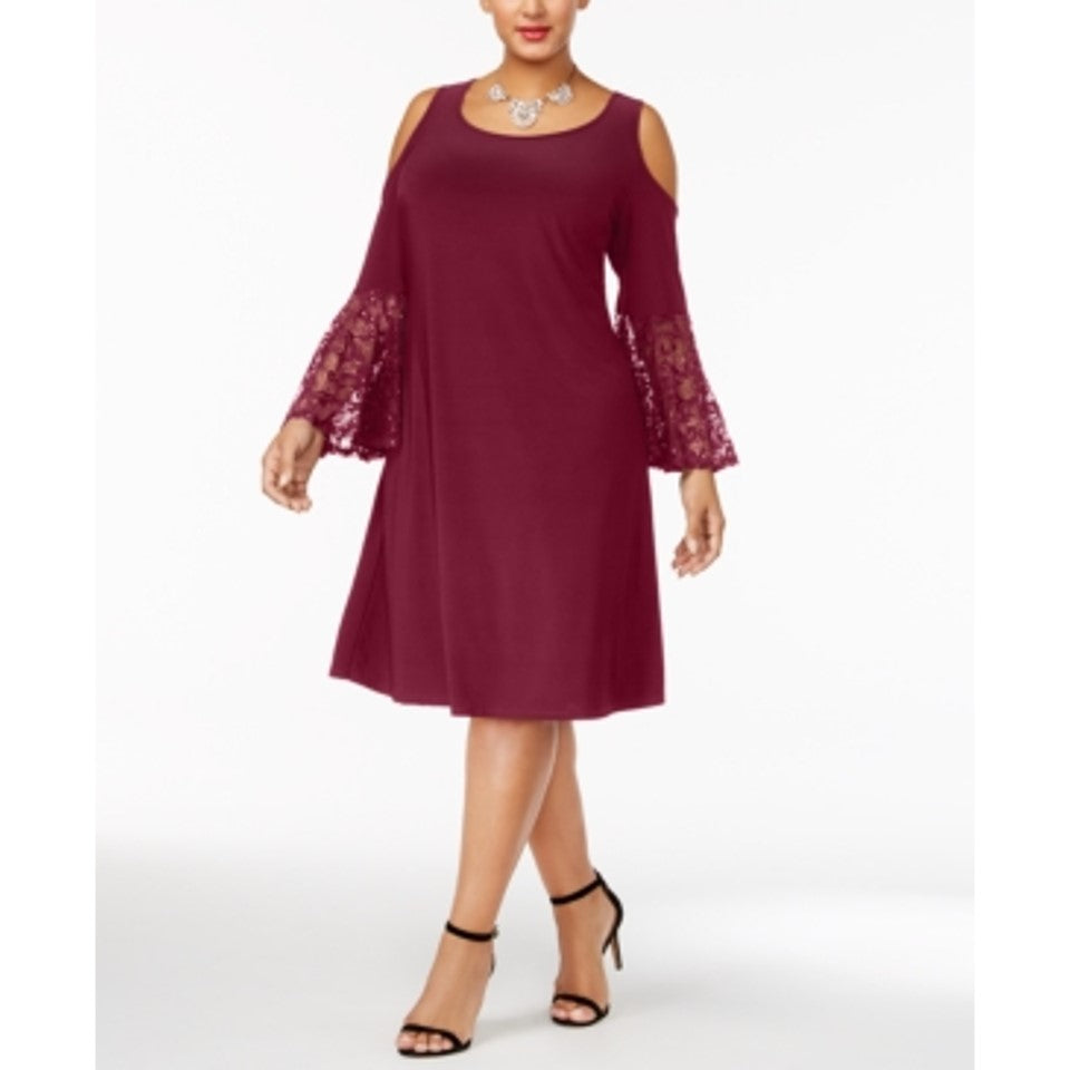 R & M Richards Women's Lace Cold Shoulder Bell Sleeve Scoop Neck Knee Length Shift Dress Wine Size 18W