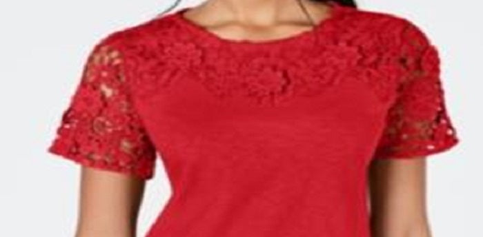 Charter Club Women's Cotton Embroidered T-Shirt Red Size Petite XL