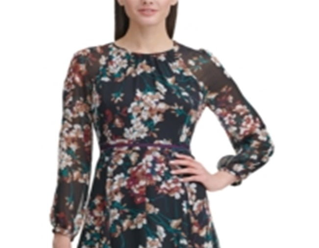 Tommy Hilfiger Women's Floral Long Sleeve Jewel Neck MIDI Sheath Dress Black Size 12