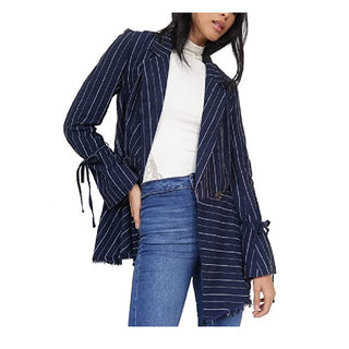Free People Women's Stella Striped Frayed-Hem Blazer Navy Size  X-Small
