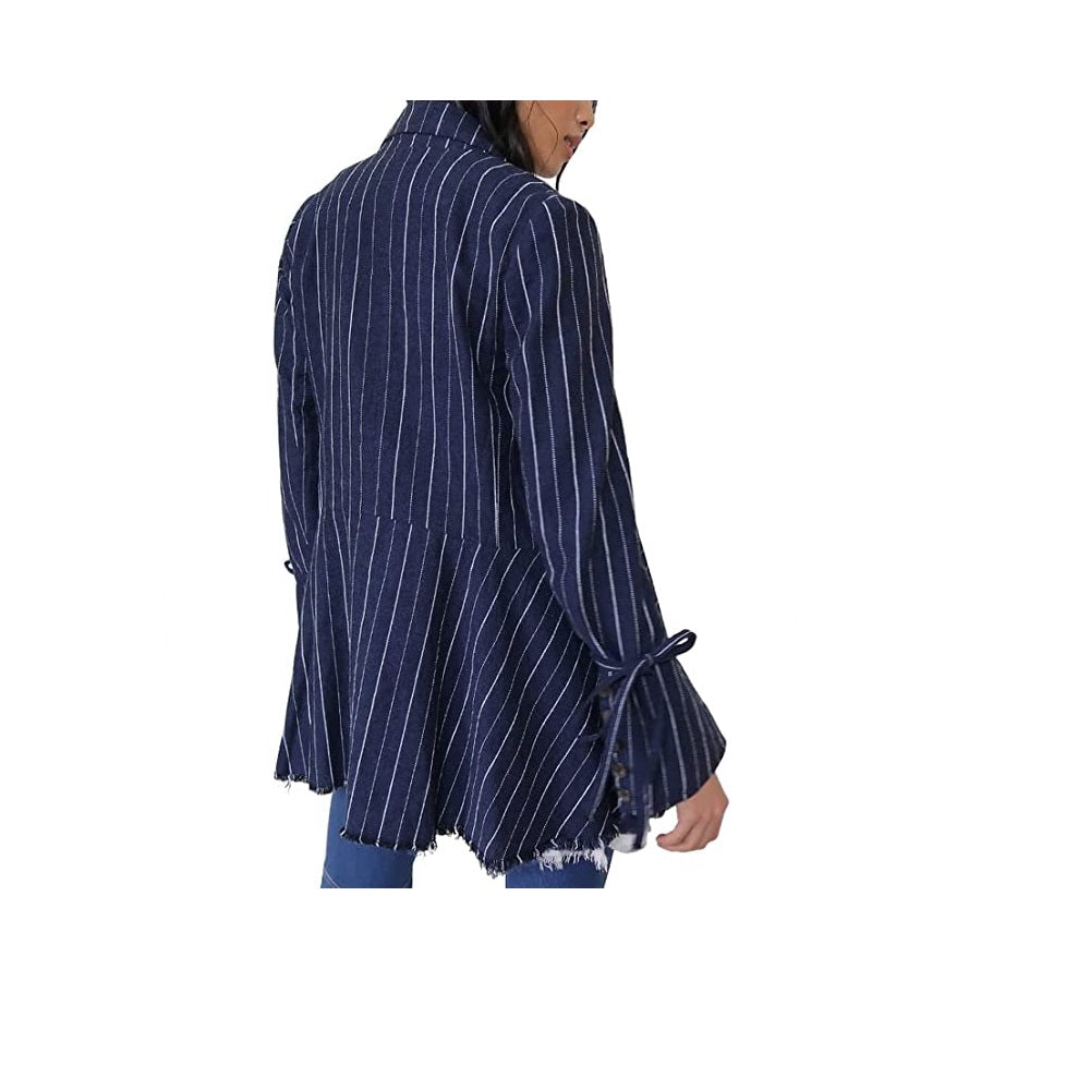 Free People Women's Stella Striped Frayed-Hem Blazer Navy Size  X-Small