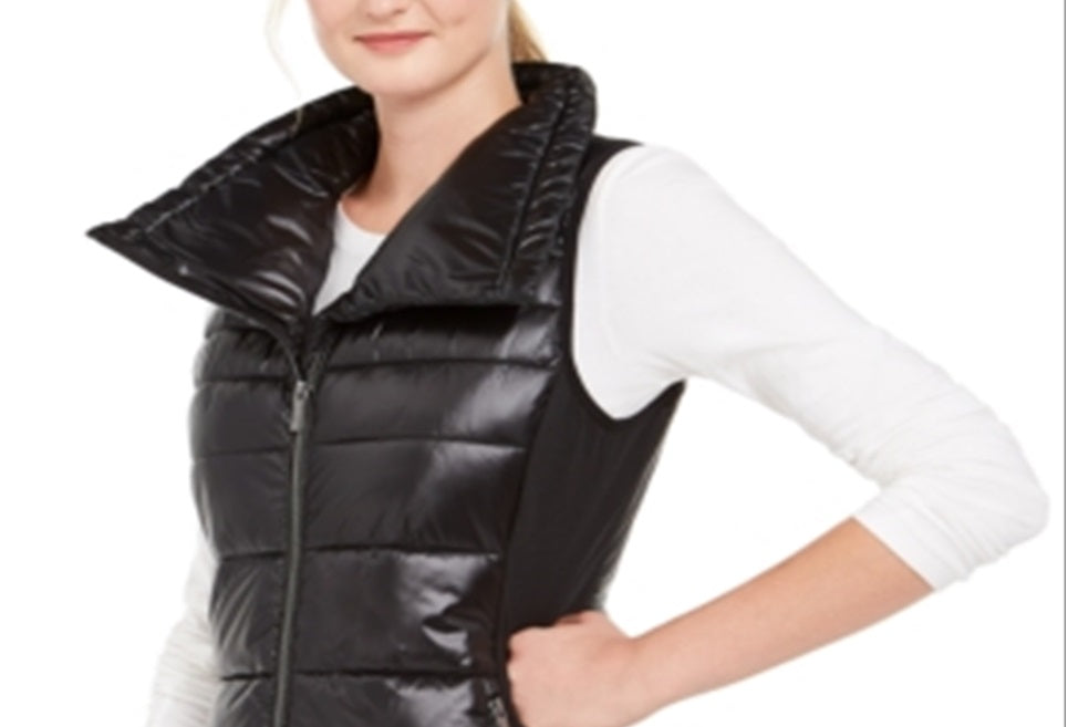 Calvin Klein Women's Funnel Neck Quilted Outerwear Vest Black Size Small