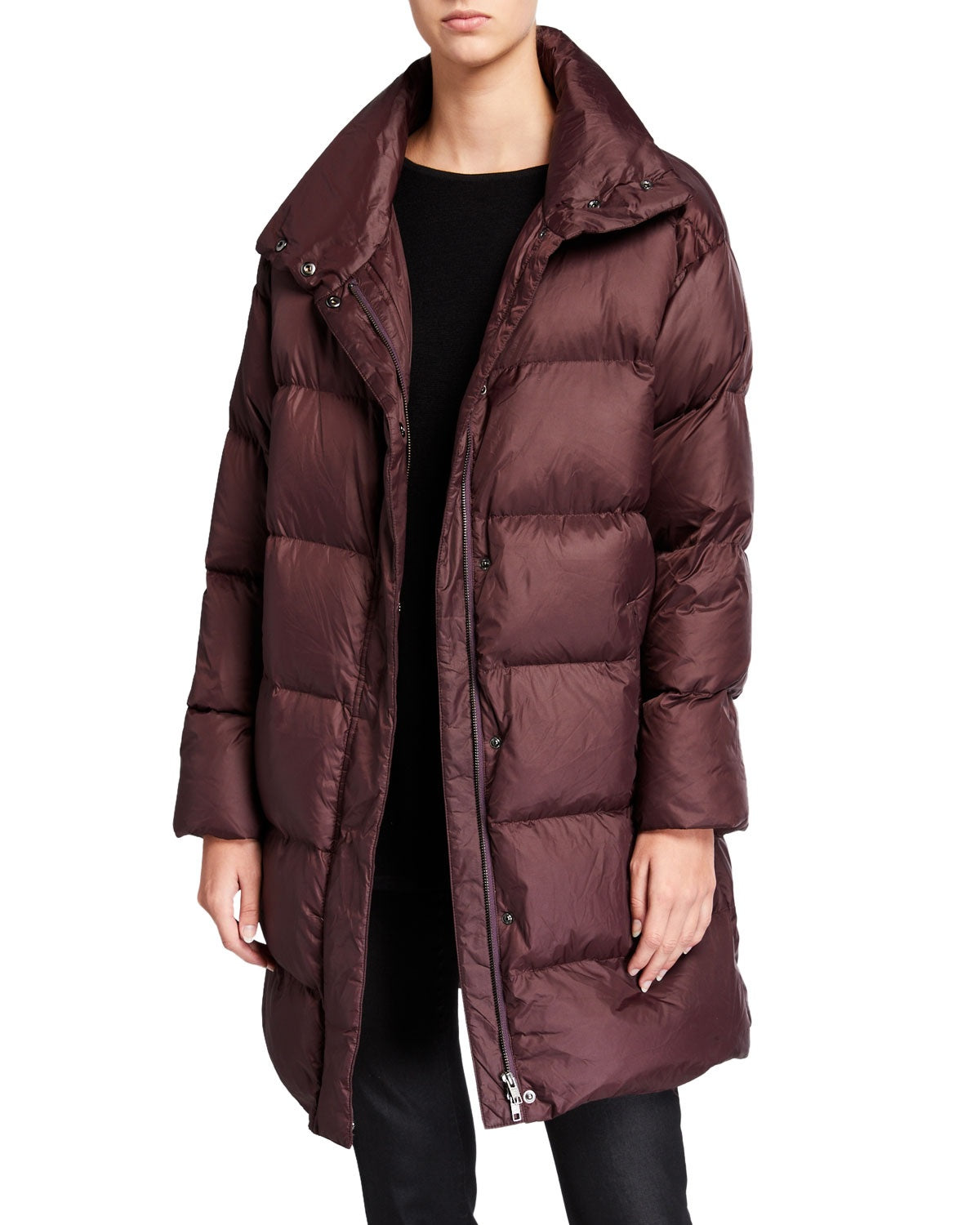 Eileen Fisher Women's Funnel Neck Down Coat Brown Size Petite Large