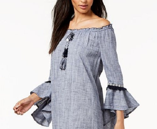 Style & Co Women's Cotton Off the Shoulder Dress Blue Size X-Large