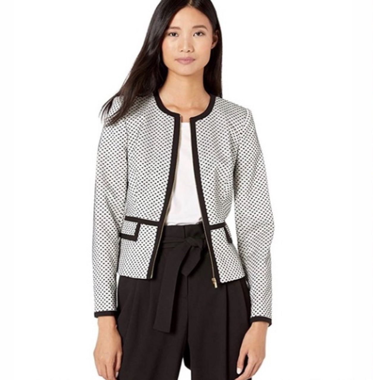Calvin Klein Women's Piped Zip-Front Jacket - Black Multi Gray Size 0