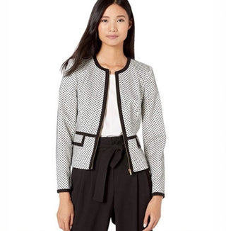 Calvin Klein Women's Piped Zip-Front Jacket - Black Multi Gray Size 0