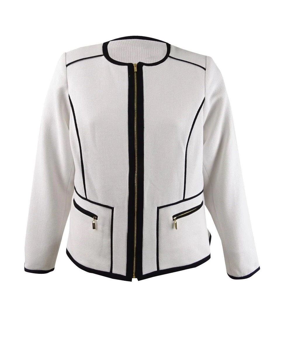 Calvin Klein Women's Piped Zip-Front Jacket - Black Multi Gray Size 0