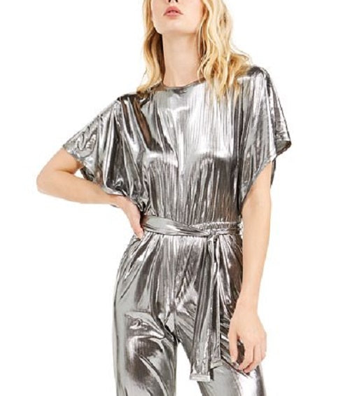 Michael Kors Women's Solid Crew Neck T-Shirt Straight Leg Party Jumpsuit Silver Size Small