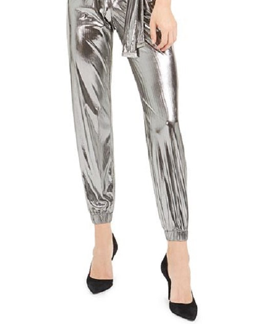 Michael Kors Women's Solid Crew Neck T-Shirt Straight Leg Party Jumpsuit Silver Size Small