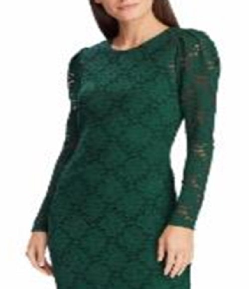 Ralph Lauren Women's Embroidered Lace Long Sleeve Jewel Neck Above the Knee Sheath Wear to Work Dress Green Size 18