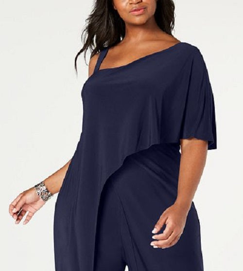 R & M Richards Women's Asymmetrical Neckline Evening Wide Leg Jumpsuit Blue Size 18W