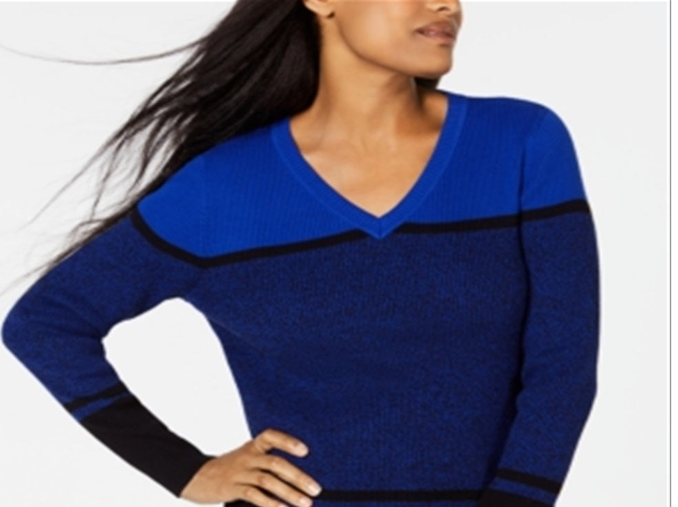 Karen Scott Women's Color Block Long Sleeve V Neck Sweater Blue Size Small