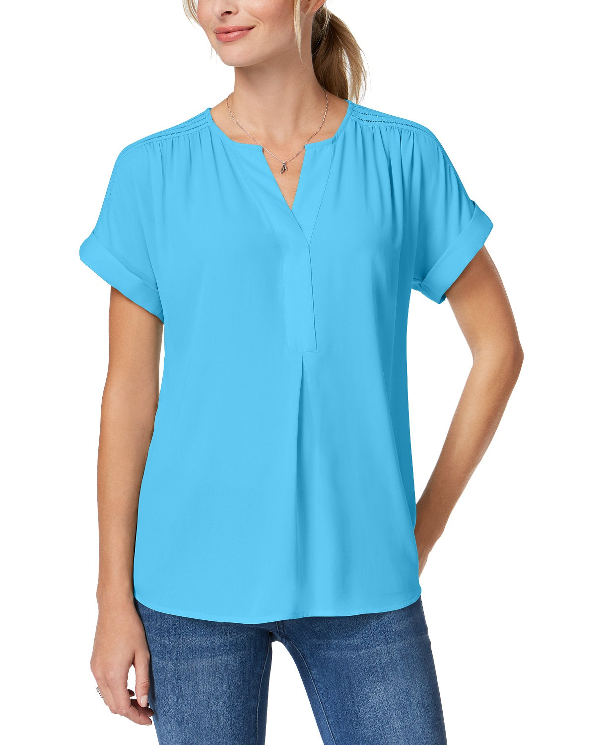 Charter Club Women's Split-Neck Cotton Top  Turquoise Seas Blue Size Small