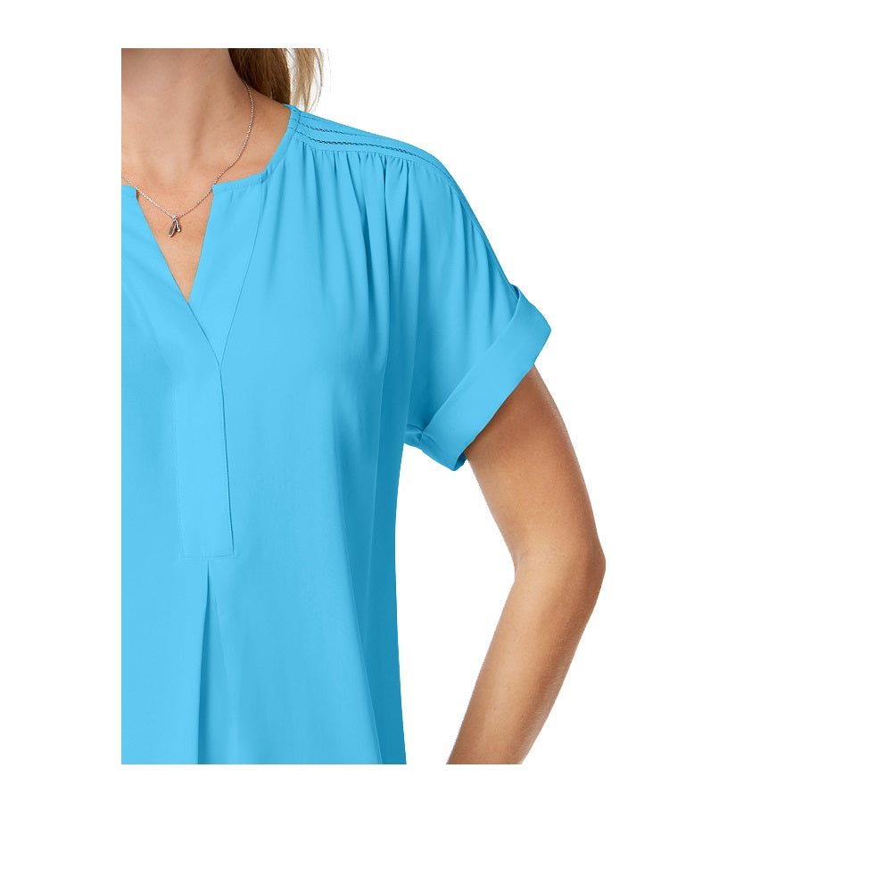 Charter Club Women's Split-Neck Cotton Top  Turquoise Seas Blue Size Small
