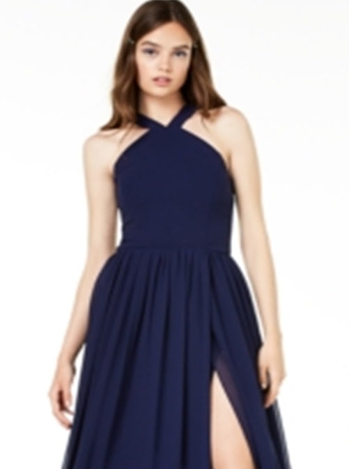City Studios Junior's Halter Chiffon Slit Leg Gown Blue Size 3
