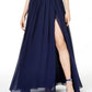 City Studios Junior's Halter Chiffon Slit Leg Gown Blue Size 3