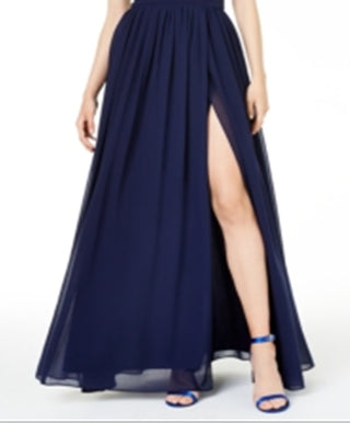 City Studios Junior's Halter Chiffon Slit Leg Gown Blue Size 3