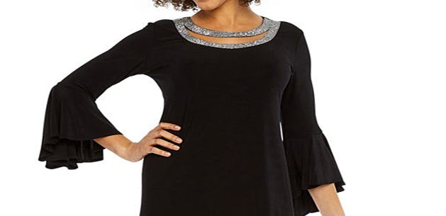 MSK Women's Rhinestone Trim Bell Sleeve Dress Black Size L