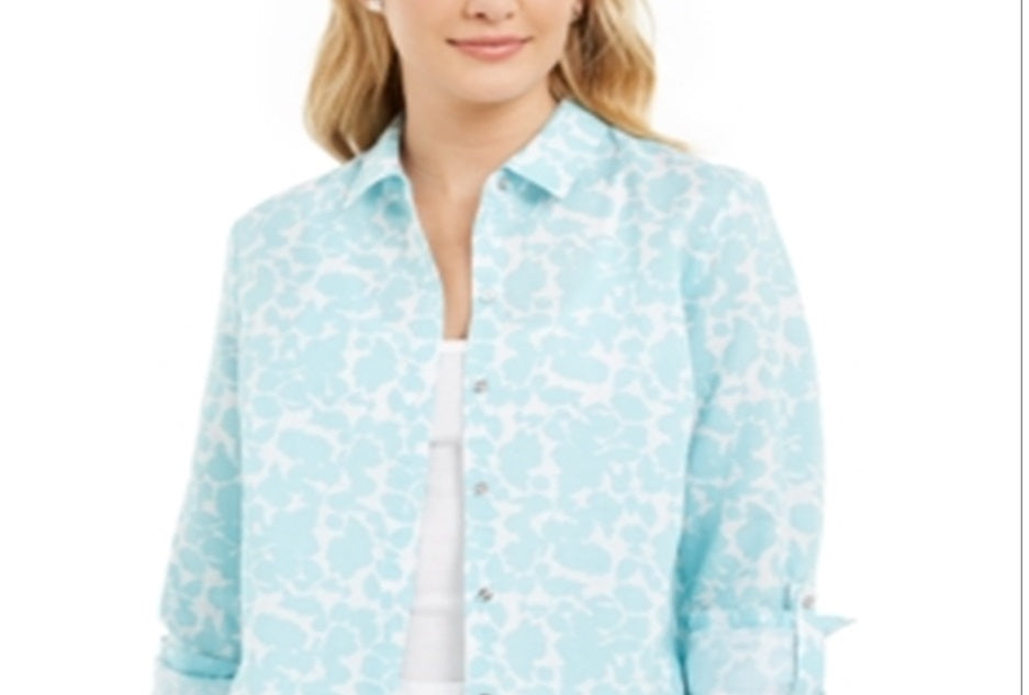 Charter Club Women's Floral Print Linen Blend Shirt Blue Size X-Small