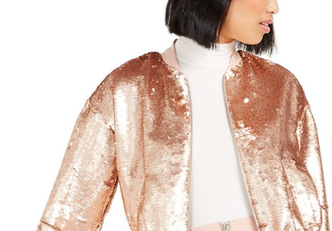 Bar III Women's Sequin Bomber Jacket Rose Gold Size L