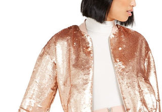 Bar III Women's Sequin Bomber Jacket Rose Gold Size L
