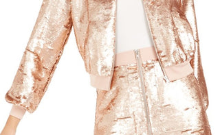 Bar III Women's Sequin Bomber Jacket Rose Gold Size L