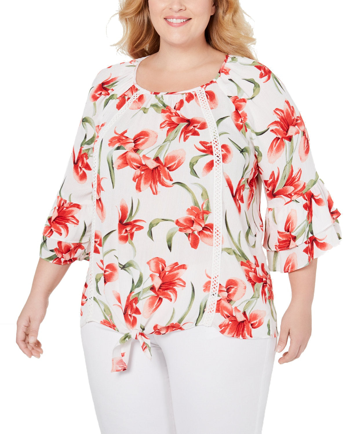 Jm Collection Plus Size Floral-Print Tie-Hem Top White Size 2XL