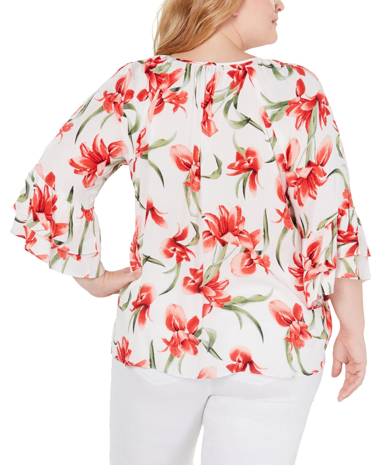 Jm Collection Plus Size Floral-Print Tie-Hem Top White Size 2XL