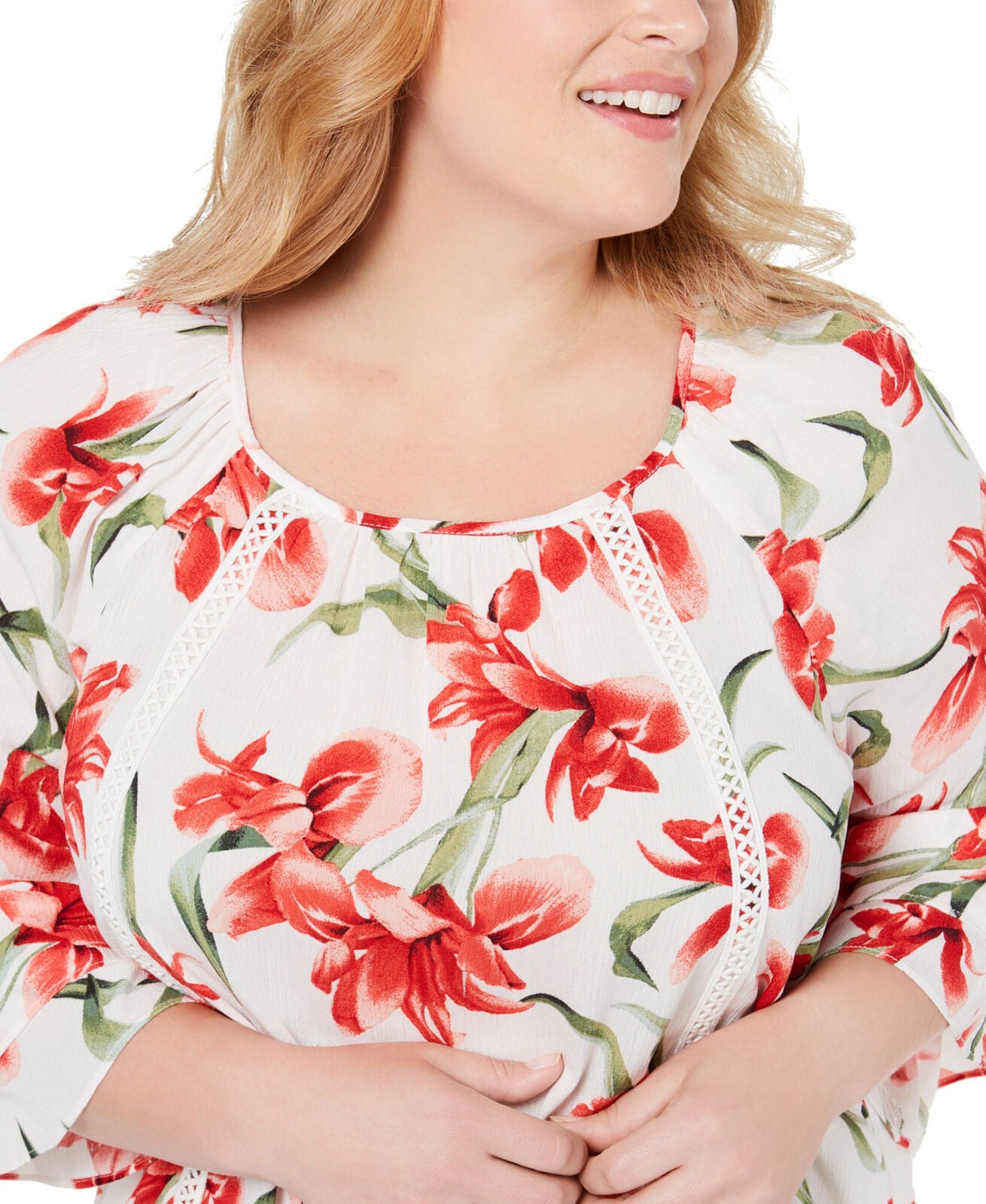 Jm Collection Plus Size Floral-Print Tie-Hem Top White Size 2XL