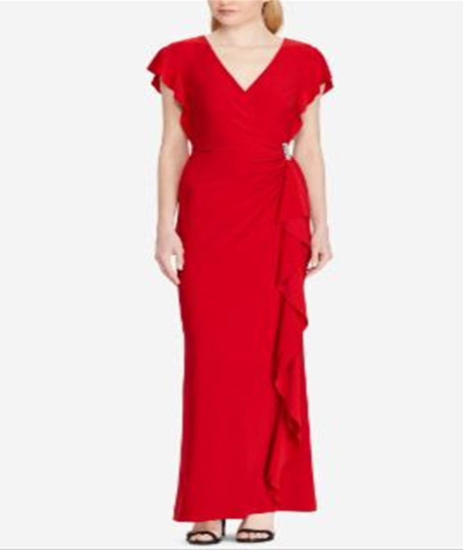 Ralph Lauren Women's Ruffled Jersey Gown Red Size 12
