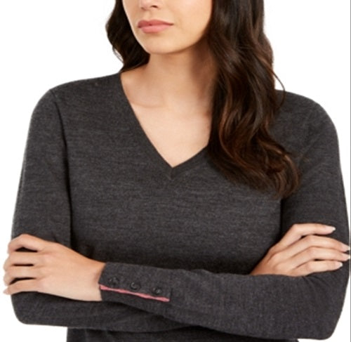 Charter Club Women's Merino Wool Button Cuff V Neck Sweater Gray Size Medium