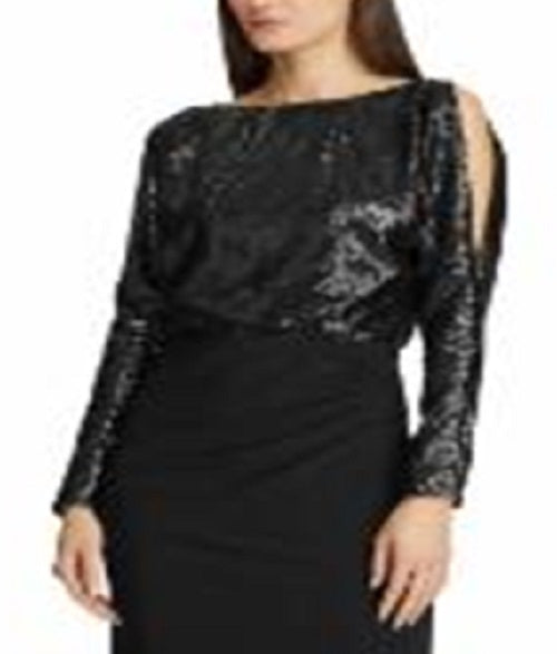 Ralph Lauren Women's Sequined Cut Out Long Sleeve Jewel Neck Maxi Evening Sheath Dress Black Size 14