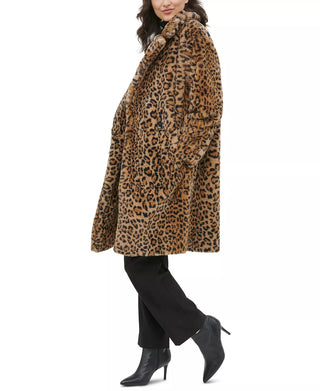 Calvin Klein Women's Leopard Duster Faux Fur Coat Brown Size XL