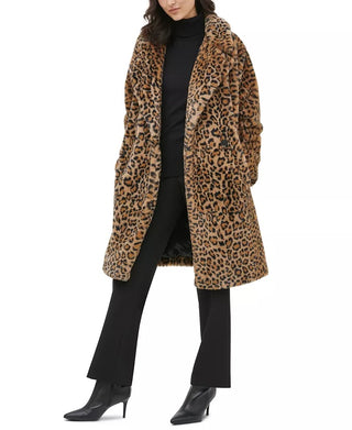 Calvin Klein Women's Leopard Duster Faux Fur Coat Brown Size XL