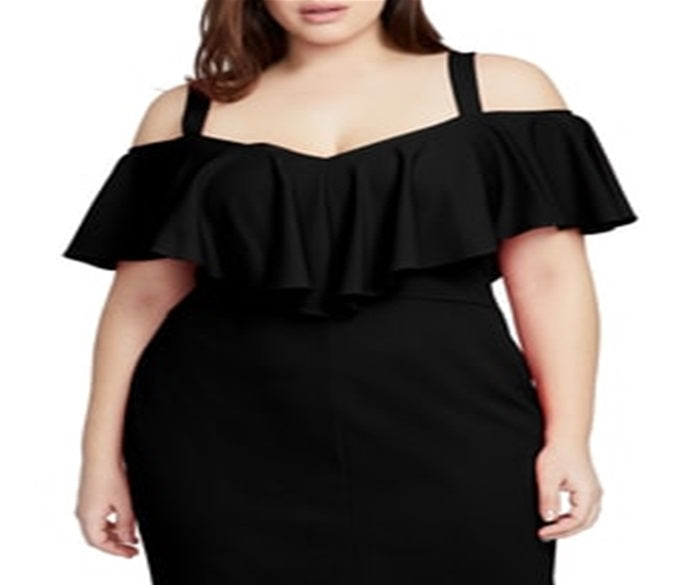 Rachel Roy Women's Spaghetti Strap Off Shoulder Below the Knee Sheath Evening Dress Black Size 14W